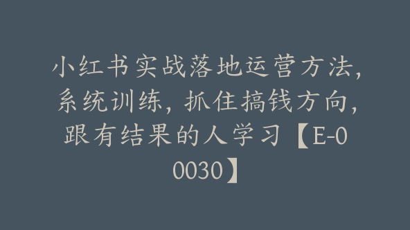 小红书实战落地运营方法，系统训练，抓住搞钱方向，跟有结果的人学习【E-00030】