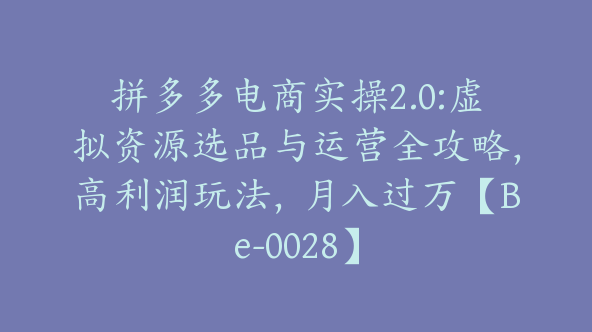 拼多多电商实操2.0:虚拟资源选品与运营全攻略，高利润玩法，月入过万【Be-0028】